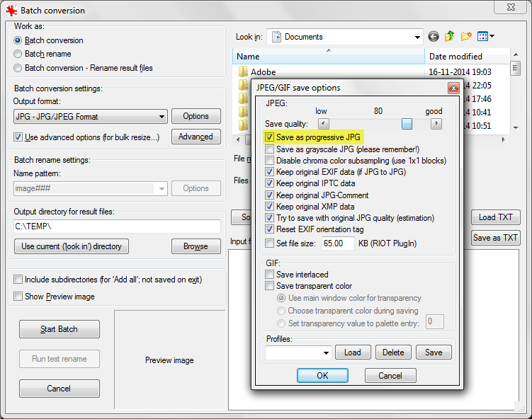 IrfanView admite la conversión por lotes con JPEG progresivo