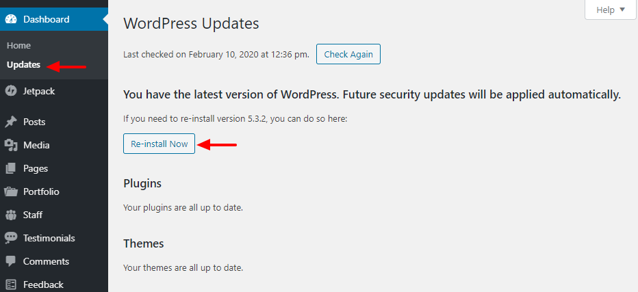 cómo reinstalar wordpress desde el panel de administración