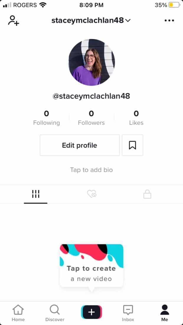 Botón "Toca para crear un nuevo video" en TikTok
