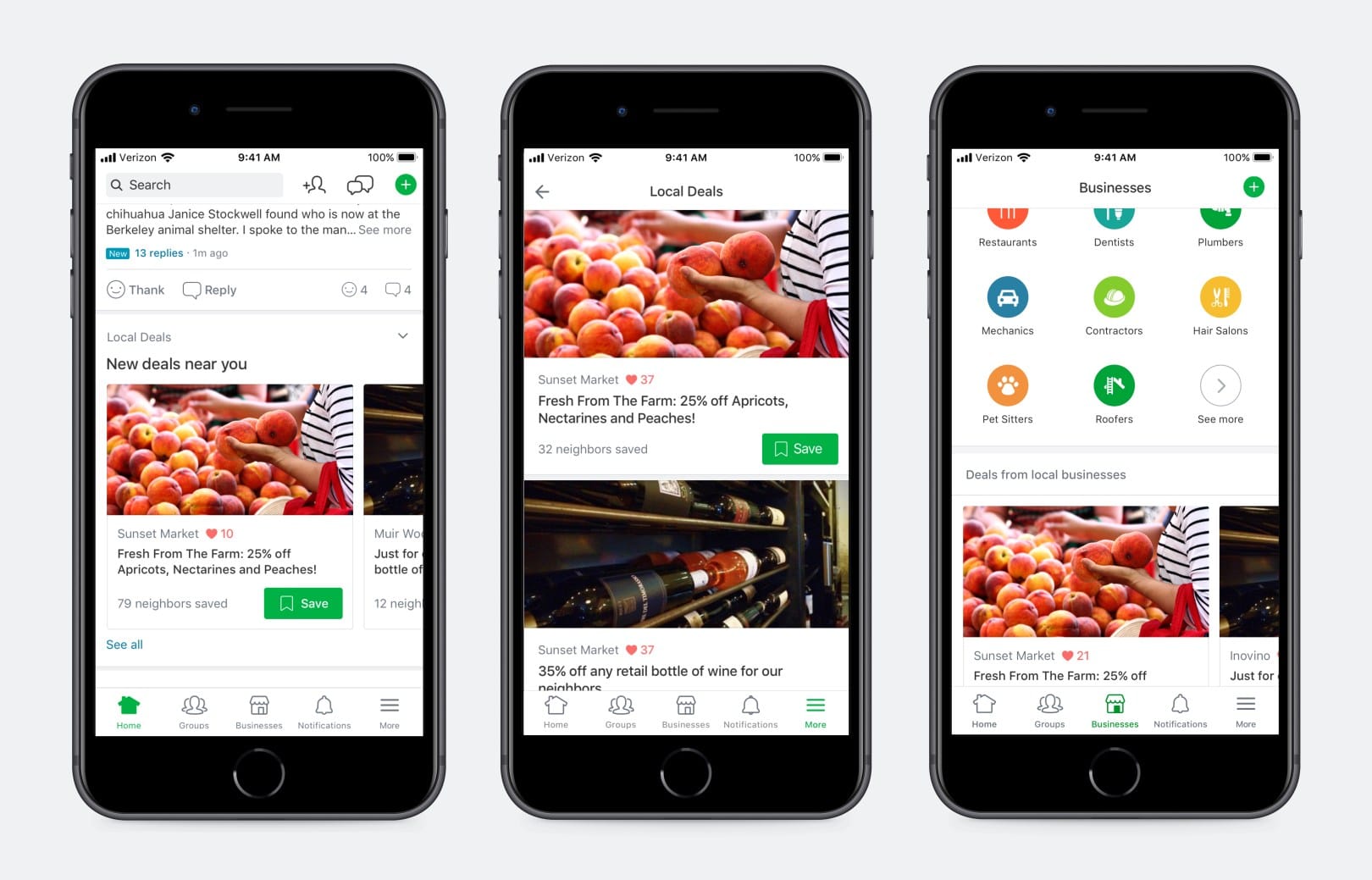 Anuncio de ofertas locales para nectarinas en 3 ubicaciones de feed de Nextdoor diferentes