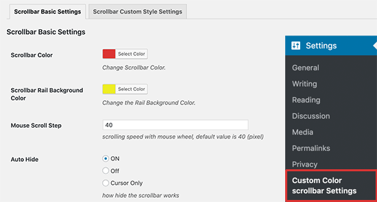 Configuración de fondo y color de la barra de desplazamiento