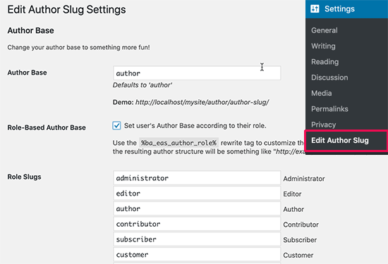 Cambiar la base de la URL del autor