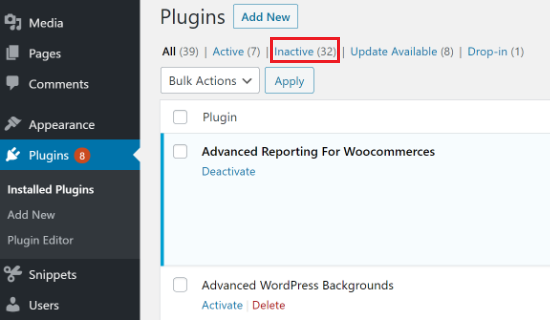 Complementos inactivos en WordPress