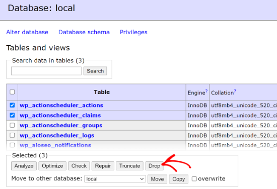 Suelta la tabla en la base de datos