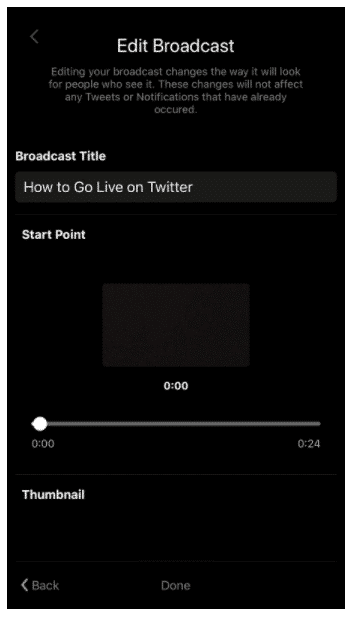 Editar pantalla de transmisión en Twitter Live