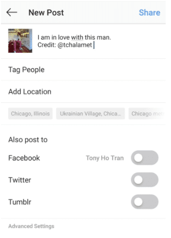 Redacción de la foto de Timothee Chalamet en la aplicación de Instagram del autor, acreditando a Timothee Chalamet