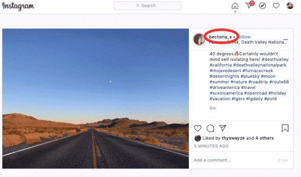 Publicación original de Instagram destacando el nombre de usuario