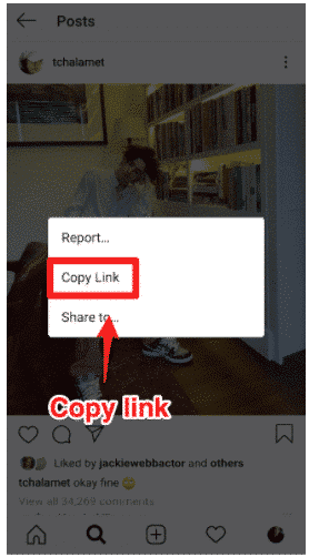 Copiar el botón de enlace debajo de la publicación en la aplicación de Instagram