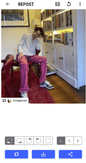 Vista previa de la foto reprogramada de Timothee Chalamet, con icono de reprogramación y crédito en la esquina de la foto