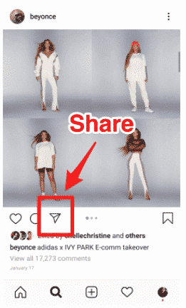 Botón para compartir en la parte inferior de una publicación de Instagram (símbolo de avión de papel)