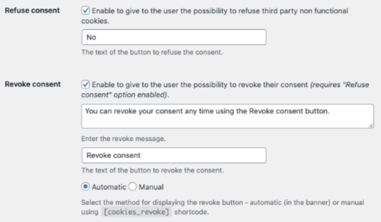 Opciones de consentimiento del aviso de cookies
