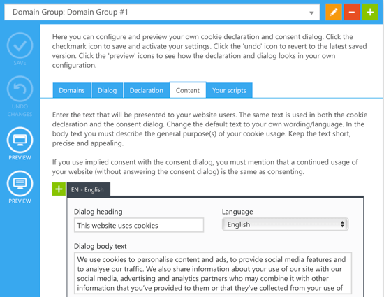 Página de contenido de Cookiebot