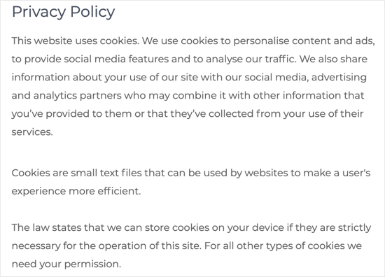 Vista previa de la declaración de cookies