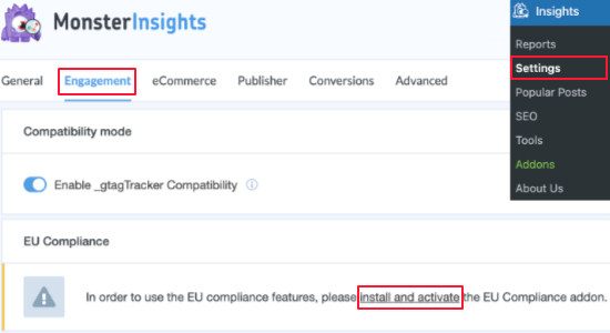 MonsterInsights Instalar y activar el complemento de cumplimiento de la UE