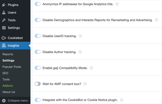 Detalles de configuración de cumplimiento de la UE de MonsterInsight
