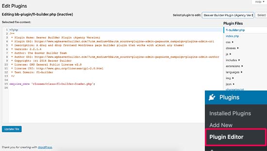 Editor de complementos en WordPress
