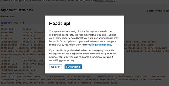 Advertencia del editor de temas en WordPress