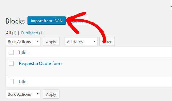 Haga clic en Importar desde JSON en Gutenberg