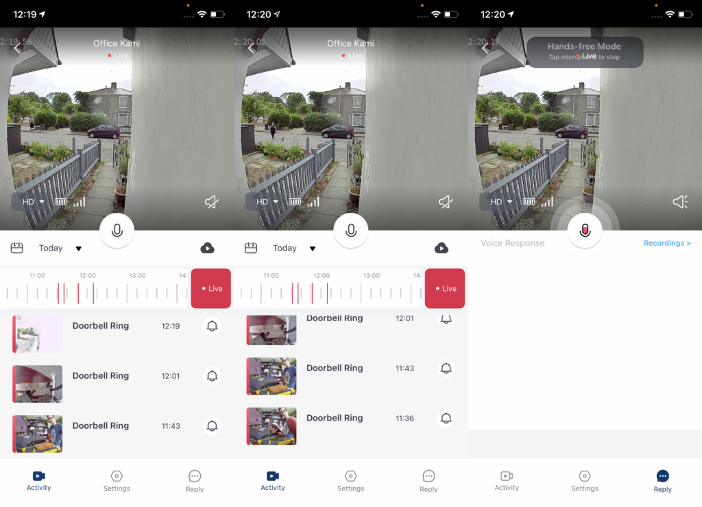 Kami Doorbell Camera en vivo y línea de tiempo