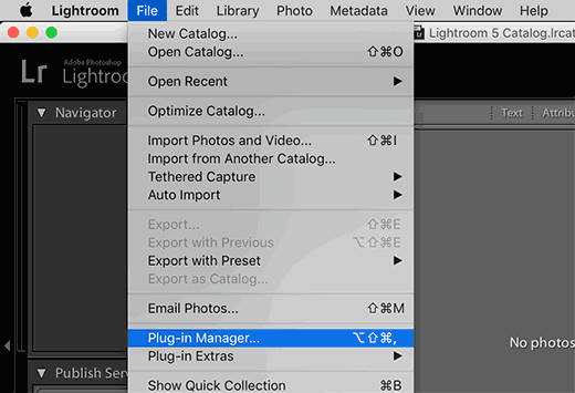 Menú del administrador de complementos en Adobe Lightroom