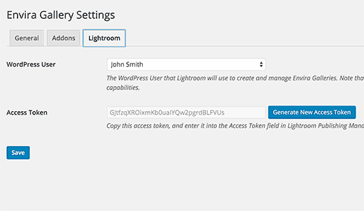 Configuración de Lightroom en el complemento Envira Gallery