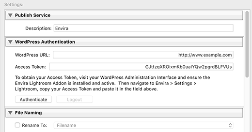 Conexión de Lightroom al complemento Envira Gallery en su sitio de WordPress