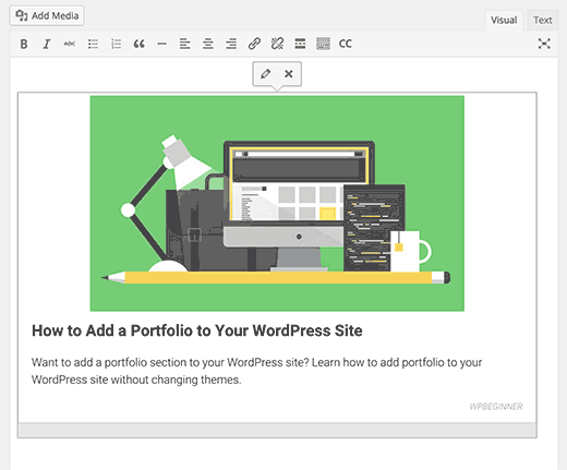 Tarjeta de contenido incrustada en el editor de publicaciones