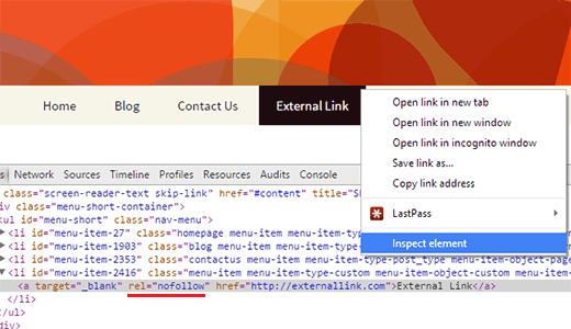 Un enlace externo con el atributo nofollow en el menú de navegación de WordPress