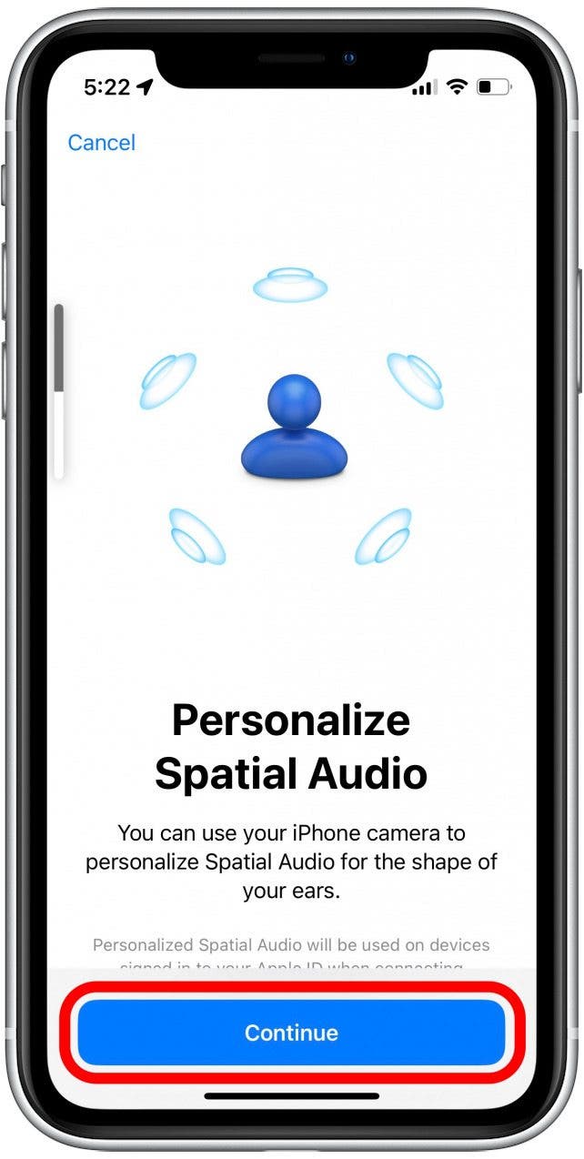 Toque Continuar y siga las indicaciones en pantalla para terminar de configurar el audio espacial personalizado.
