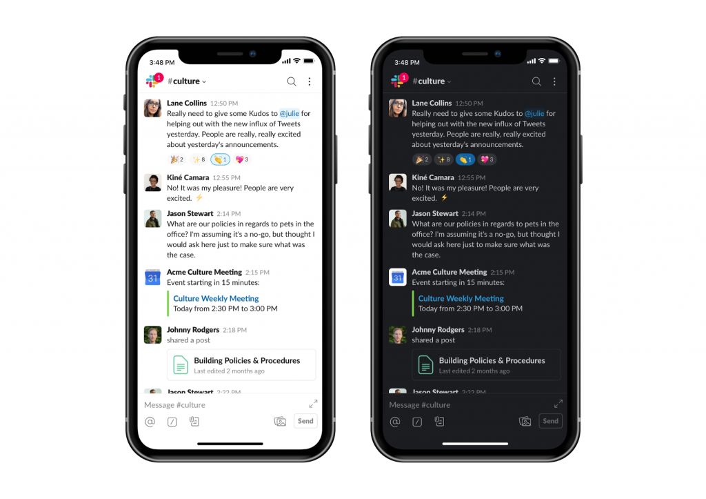 Dos iPhone sobre fondo blanco que muestran el modo oscuro en Slack