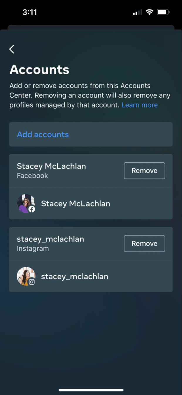 agregar o eliminar cuentas de Instagram del centro de cuentas de Facebook