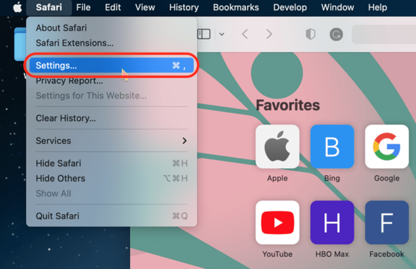 abra el menú de safari en mac y haga clic en configuración