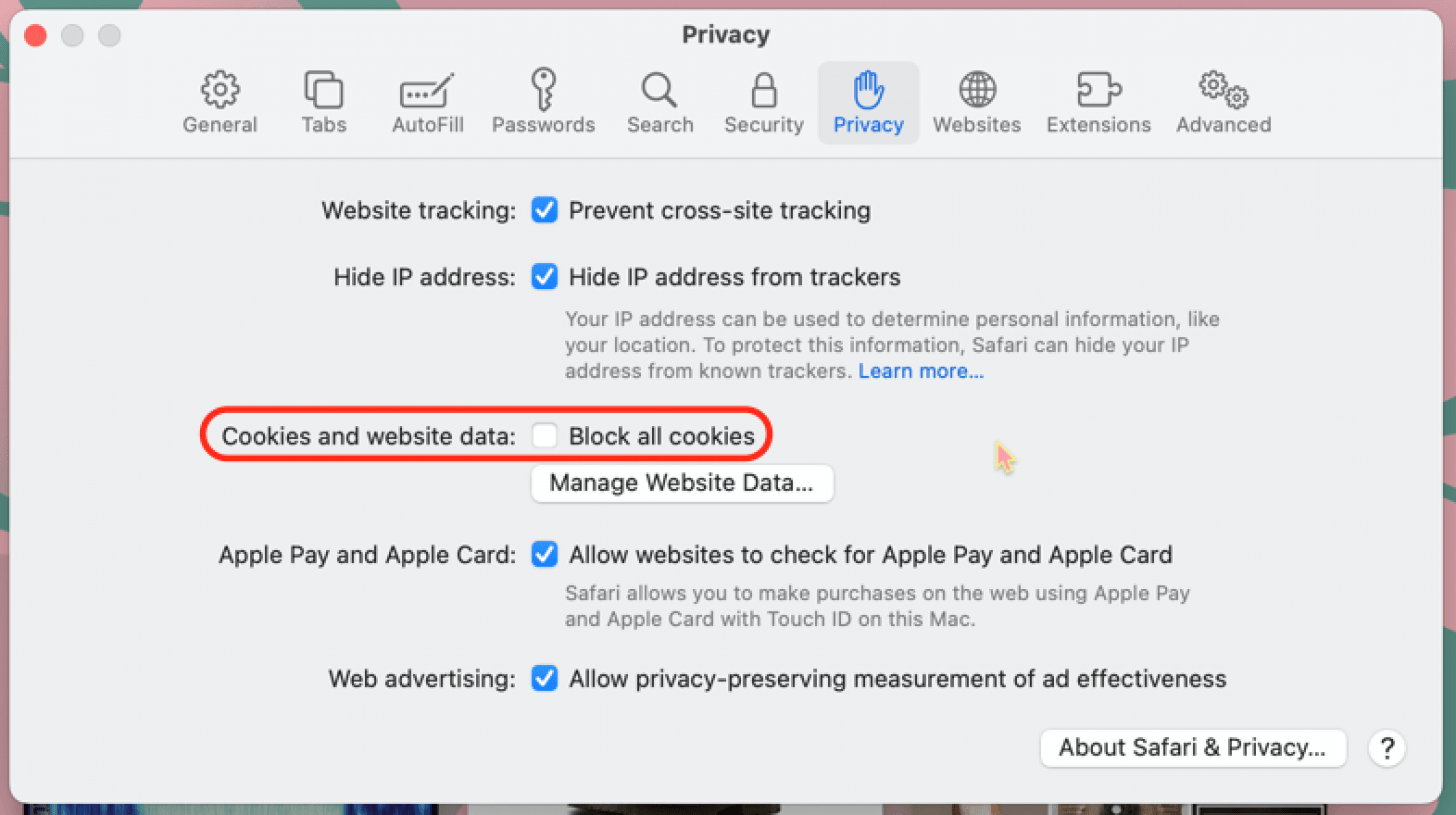 anule la selección de bloquear todas las cookies para habilitar las cookies en mac