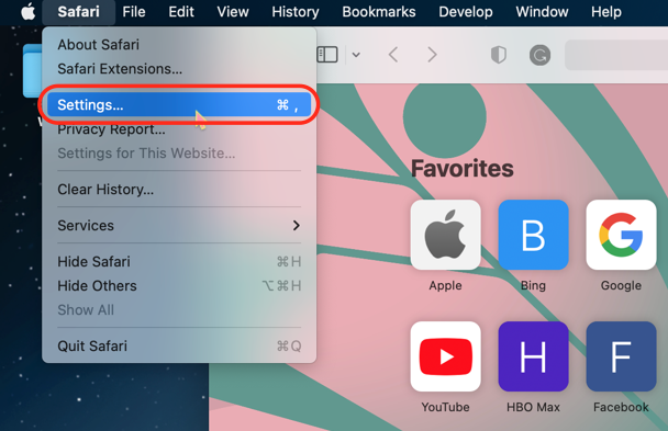 abra el menú de safari en mac y haga clic en configuración