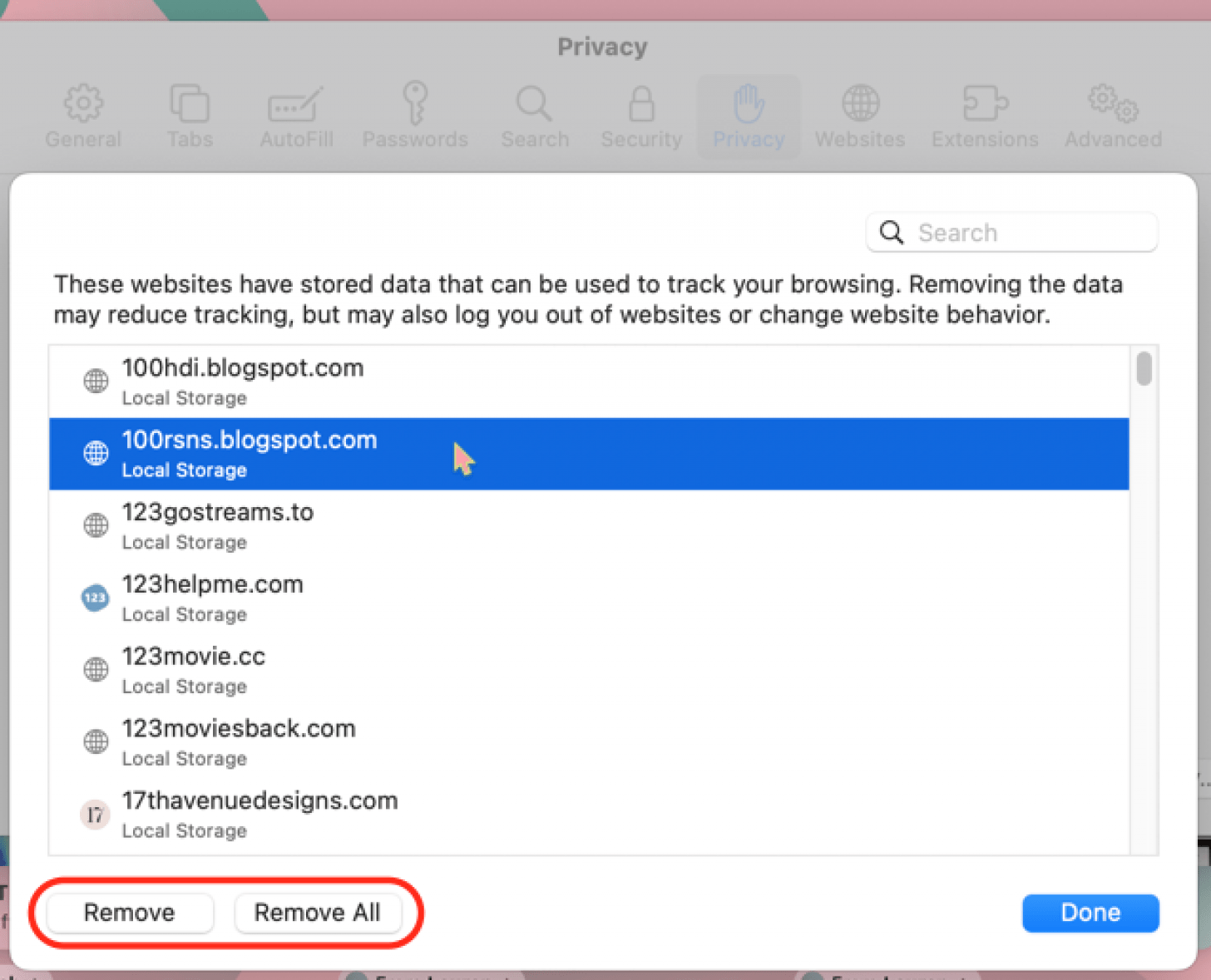 haga clic en eliminar o eliminar todo para borrar las cookies en mac