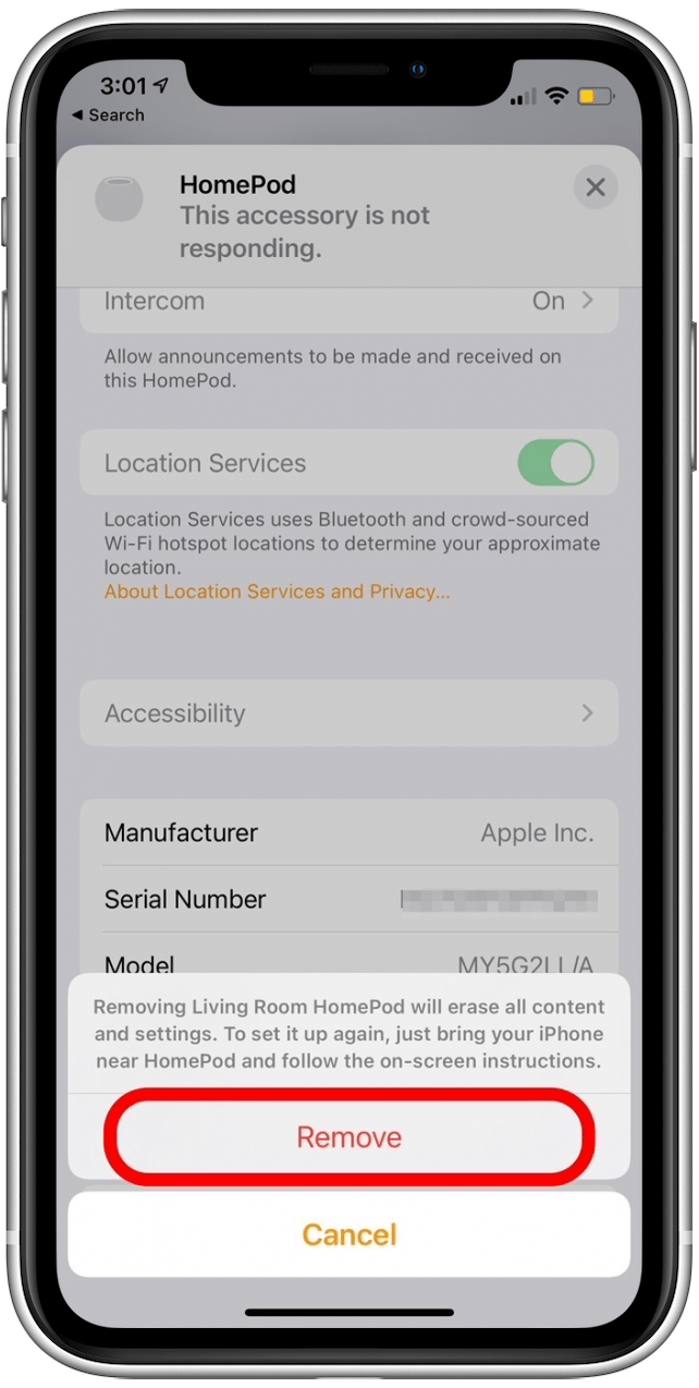 Toque Eliminar para confirmar la eliminación del HomePod de la aplicación Home