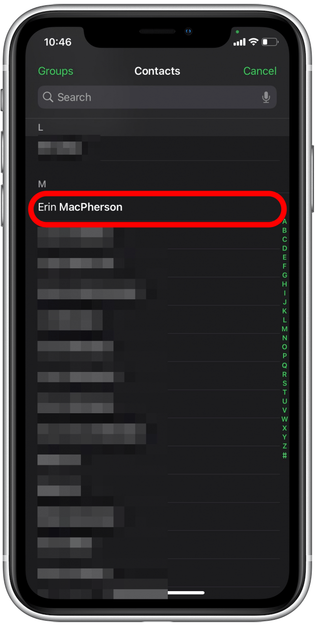 Seleccione un contacto de la lista - compartir pantalla ios