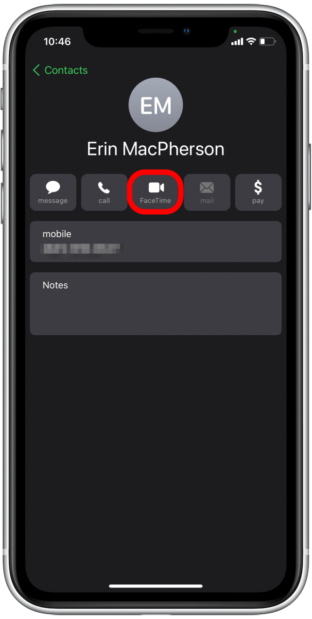 Toque FaceTime en la tarjeta de contacto.