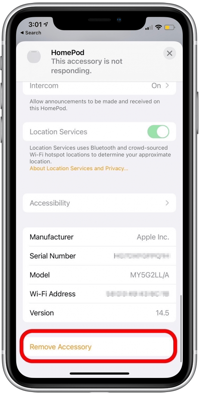 Toque Eliminar accesorio para restablecer HomePod y HomePod mini