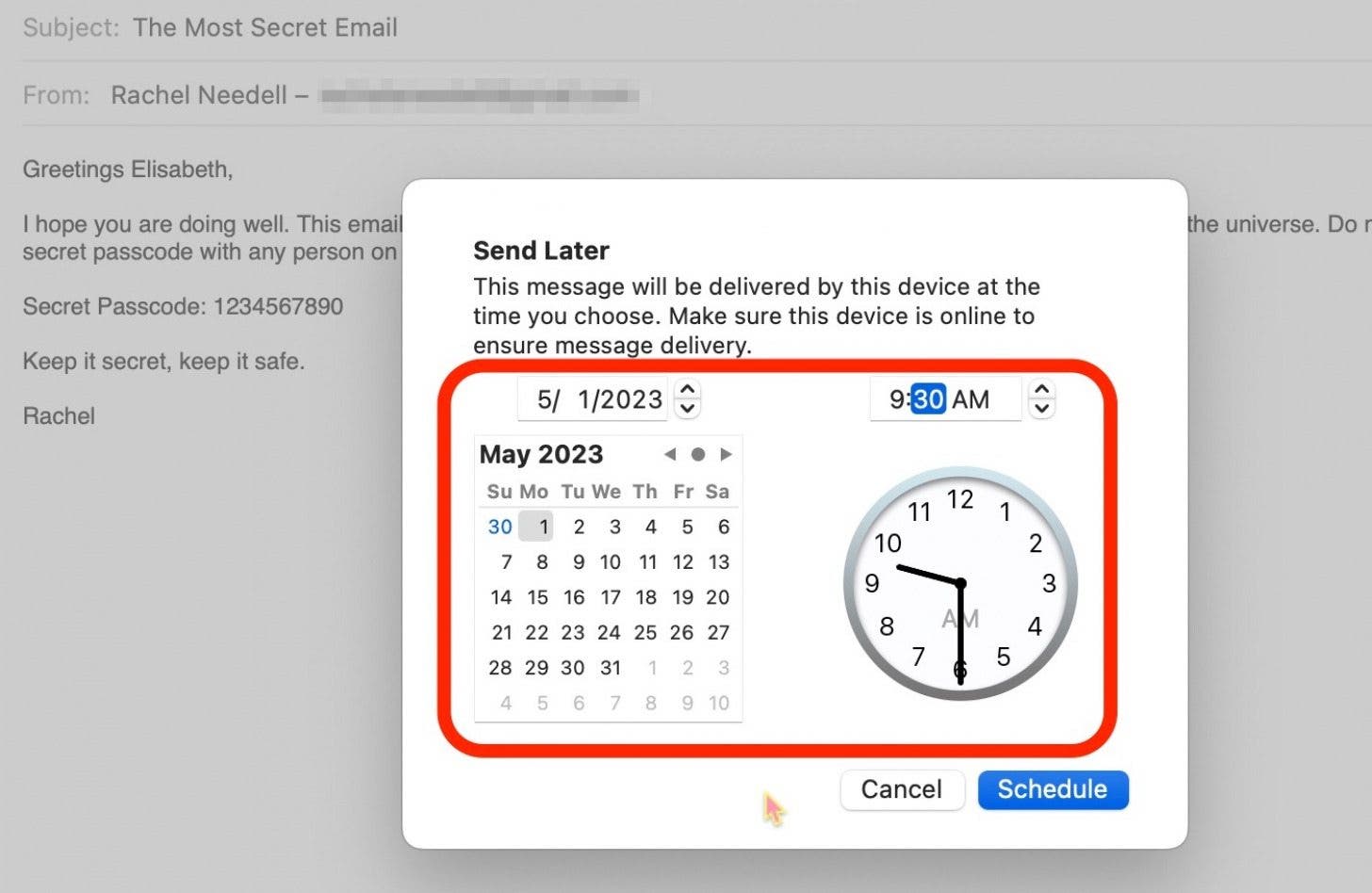 Elija un día y una hora en el calendario y el reloj para enviar el correo electrónico.