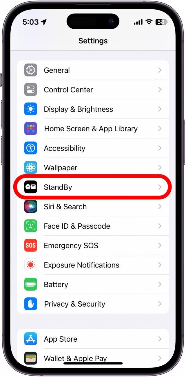 configuración de iPhone con configuración de espera en un círculo rojo