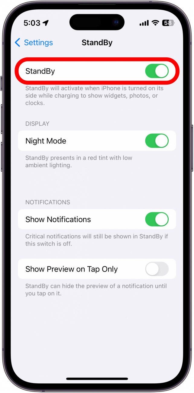 Configuración de modo de espera del iPhone con alternancia de modo de espera en un círculo rojo