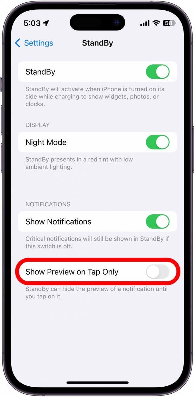 configuración de espera del iPhone con mostrar vista previa al tocar alternar en un círculo rojo