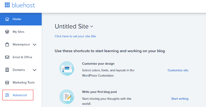 Abrir configuración avanzada en Bluehost