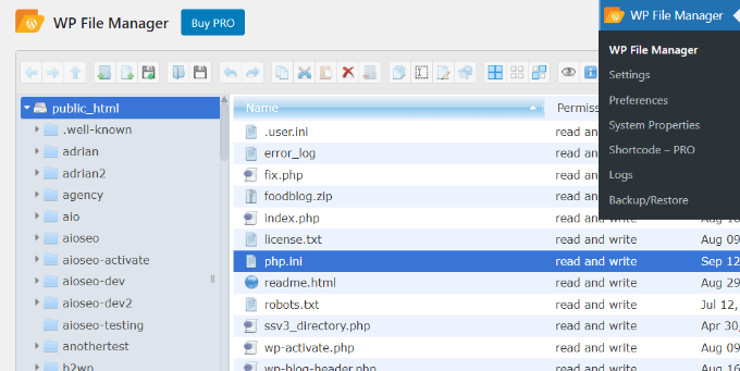 Ver el archivo php.ini en el complemento del administrador de archivos