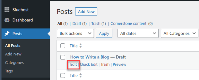 Editar publicación de blog en WordPress