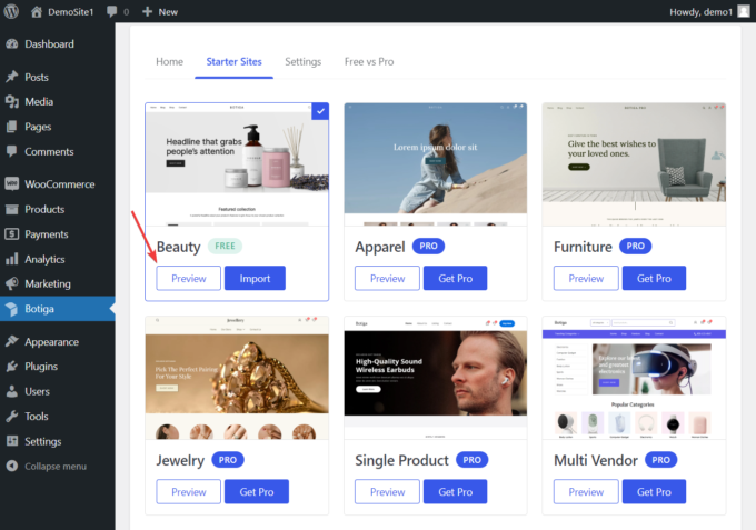 Sitios de inicio de Botiga en el área de administración de WordPress
