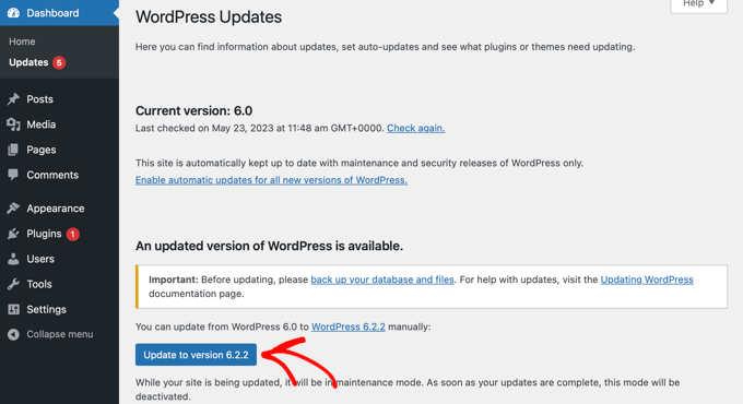 Actualización del núcleo de WordPress desde el panel