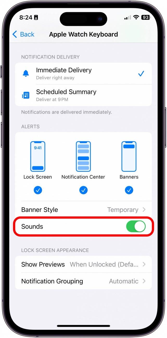 Notificación del teclado del Apple Watch en el teléfono