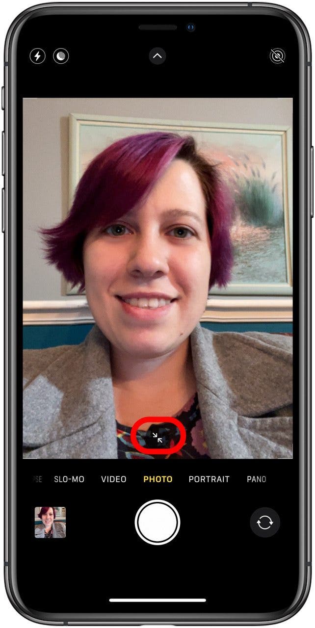 Toque las flechas para hacer zoom en el modo selfie